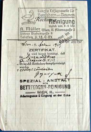 1939: Receipt for featherbeds being cleaned. They wished to take them with them.