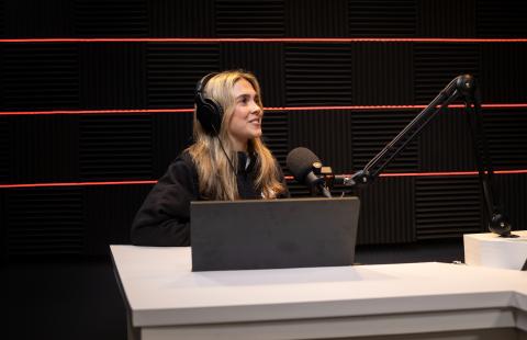 Student in podcast studio