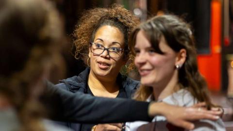Tina Ulee ’99, an Emmy Award nominee, works with Owl student Ashley Doyle ’26 on costumes for Evening of Dance. Owl Theater and Dance majors gain experience and inspiration by working with grads who have found success in the field.