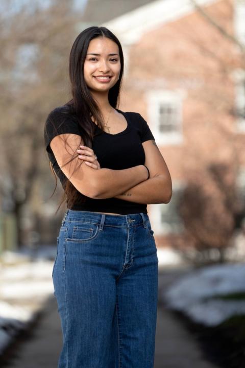 Student standing in path on camps
