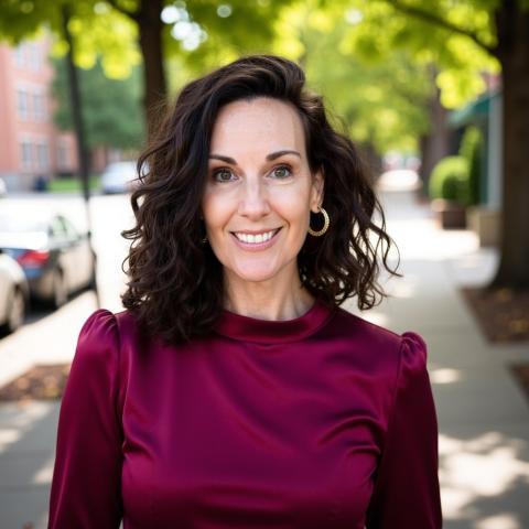 Dr. Erin Zaffini smiling on a sidewalk, wearing a maroon blouse.